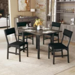 Dining Table Set for 4, Extendable Kitchen Table Cushion Chairs Set of 4, Rectangle Dining Table with Metal Frame & MDF Board, F