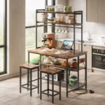 Kitchen Island with Stools, Storage Baker's Rack, Industrial Coffee Bar Table, Dining Room Furniture, 10 Vintage Brown Hooks