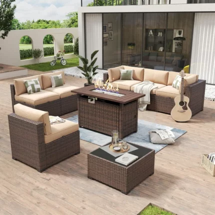 8 Piece Patio Furniture Set with 44” Fire Pit Table Wicker Rattan Outdoor Sectional Sofa Set with Coffee Table