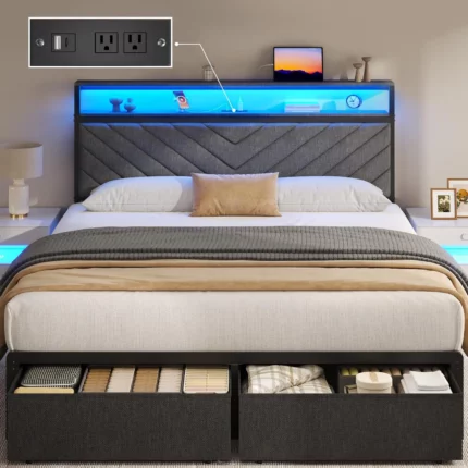 Queen Bed Frame with 2 Drawers, Upholstered Headboard with Storage and Charging Station, LED Lights, Fabric Drawers, Customized