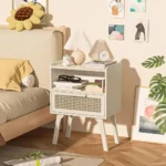 Grey White 2-Piece Rattan Nightstand Set with Open Shelf, Ideal for Modern Bedroom, Dorms, and Compact Spaces
