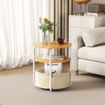 3-Tier Fabric Storage Round Computer Desk 40x60cm Metal Frame Wood Shelf Bedside End Table for Living Room Bedroom Office
