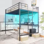 Full Metal Loft Bunk Bed Frame with Desk,LED & USB Charging,Safety Guardrail & Stair,No Box Spring,Black,Customized