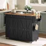 Rustic Brown Rolling Kitchen Island with Storage, Spice Rack, and Hooks