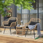 3-Piece Patio Bistro Set, Wicker Outdoor Rattan Seating with Glass Top Table, Black