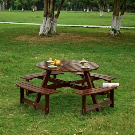 Durable Wood 8-Person Round Outdoor Picnic Table with 4 Built-in Benches Umbrella Hole Brown Patio Garden Furniture