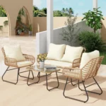 4-Piece Outdoor Patio Furniture Set with Cushions & Tempered Glass Table, All-Weather Rattan Bistro Set with, Customized